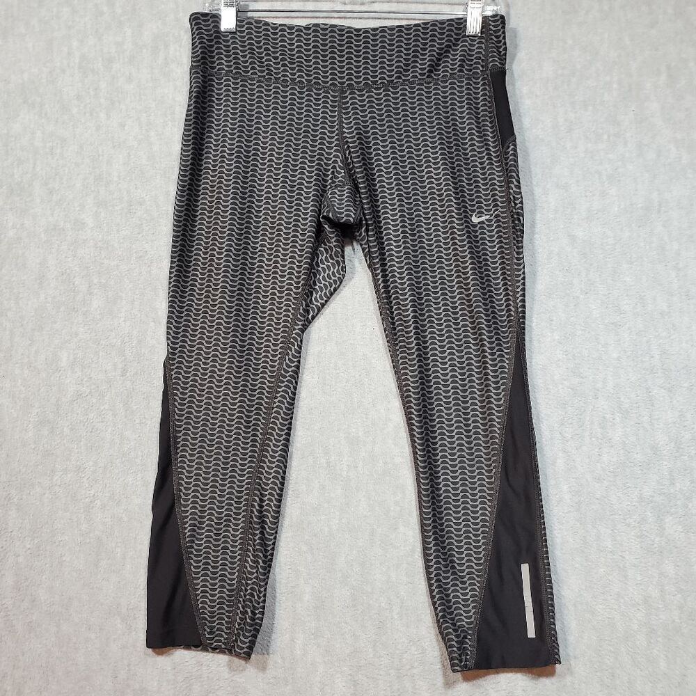 Nike Leggings Women Large Black Gray Printed Running Dri Fit Athletic Drawstring